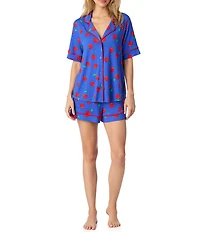 Room Service Cherry Print Short Sleeve Notch Collar Jersey Knit Shorty Pajama Set