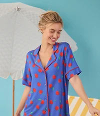 Room Service Cherry Print Short Sleeve Notch Collar Jersey Knit Shorty Pajama Set