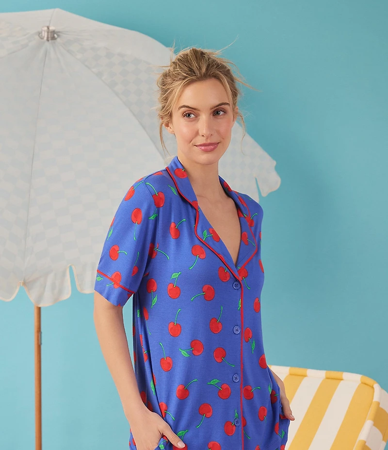 Room Service Cherry Print Short Sleeve Notch Collar Jersey Knit Shorty Pajama Set