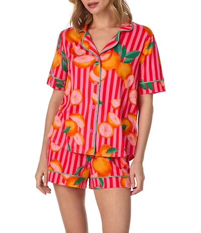 Room Service Citrus Stripe Short Sleeve Notch Collar Cozy Jersey Knit Shorty Pajama Set