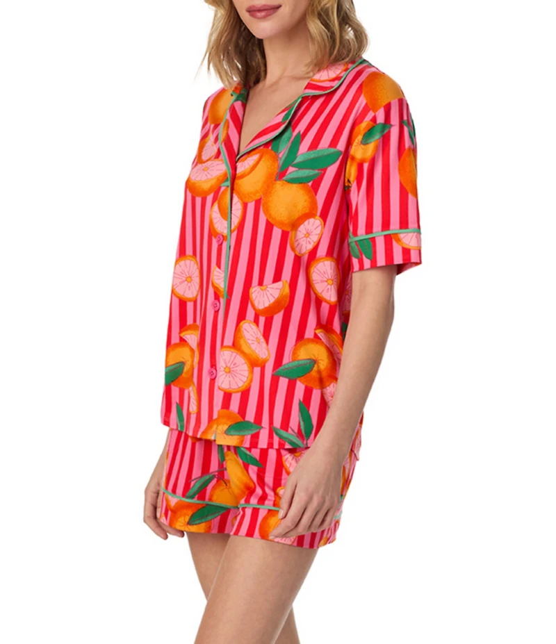 Room Service Citrus Stripe Short Sleeve Notch Collar Cozy Jersey Knit Shorty Pajama Set