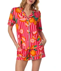 Room Service Citrus Stripe Short Sleeve Notch Collar Cozy Jersey Knit Shorty Pajama Set