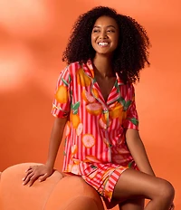 Room Service Citrus Stripe Short Sleeve Notch Collar Cozy Jersey Knit Shorty Pajama Set