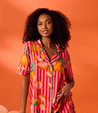 Room Service Citrus Stripe Short Sleeve Notch Collar Cozy Jersey Knit Shorty Pajama Set