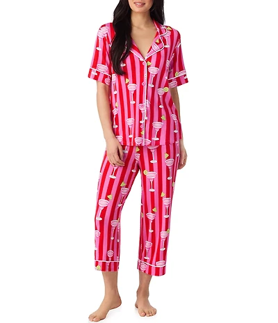 Room Service Drink Print Short Sleeve Notch Collar Jersey Knit Cropped Pajama Set