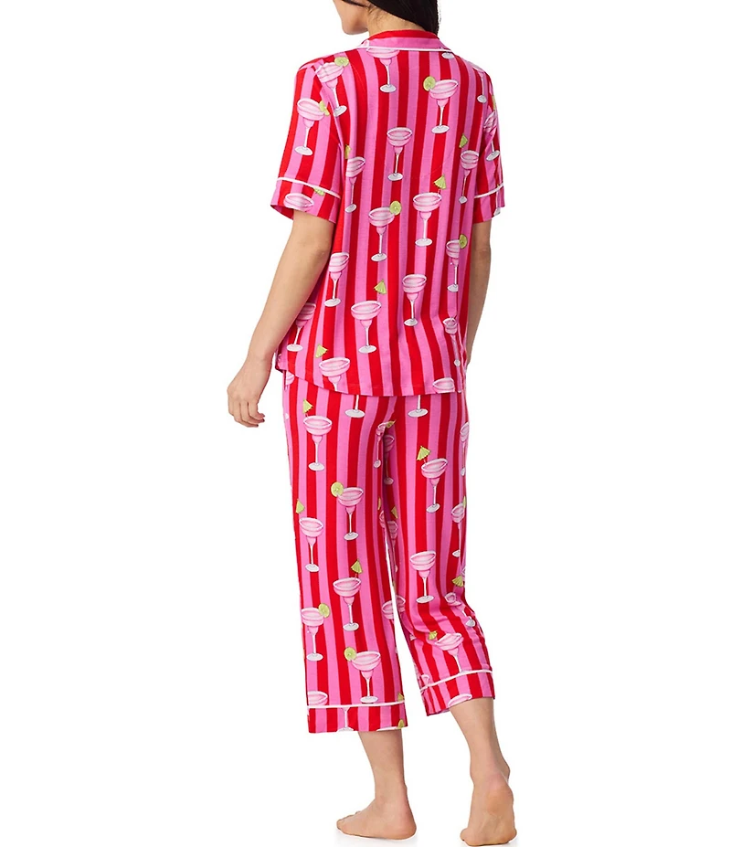 Room Service Drink Print Short Sleeve Notch Collar Jersey Knit Cropped Pajama Set