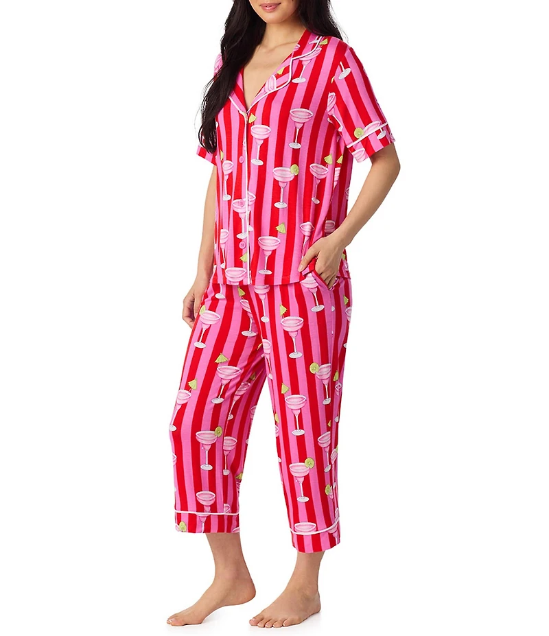Room Service Drink Print Short Sleeve Notch Collar Jersey Knit Cropped Pajama Set