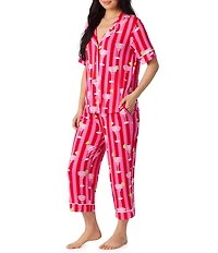 Room Service Drink Print Short Sleeve Notch Collar Jersey Knit Cropped Pajama Set