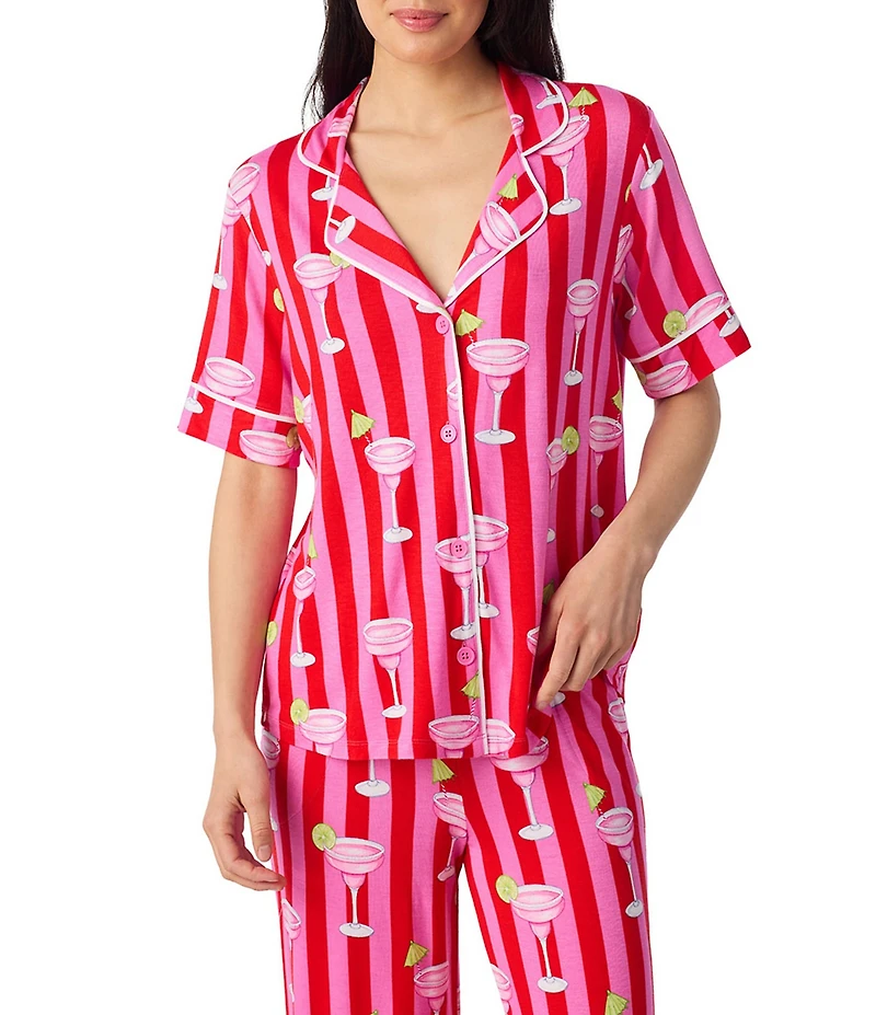 Room Service Drink Print Short Sleeve Notch Collar Jersey Knit Cropped Pajama Set