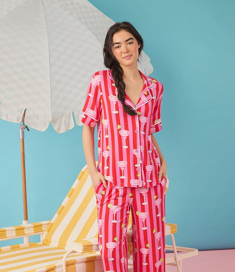 Room Service Drink Print Short Sleeve Notch Collar Jersey Knit Cropped Pajama Set