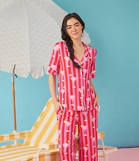 Room Service Drink Print Short Sleeve Notch Collar Jersey Knit Cropped Pajama Set