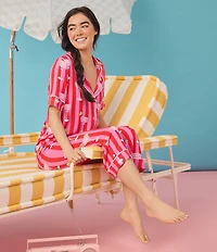 Room Service Drink Print Short Sleeve Notch Collar Jersey Knit Cropped Pajama Set