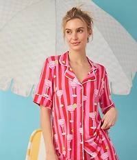 Room Service Drink Print Short Sleeve Notch Collar Jersey Knit Shorty Pajama Set