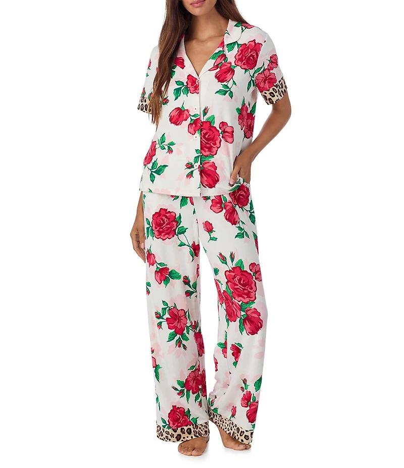 Room Service Floral & Cheetah Print Short Sleeve Notch Collar Marshmallow Knit Pajama Set