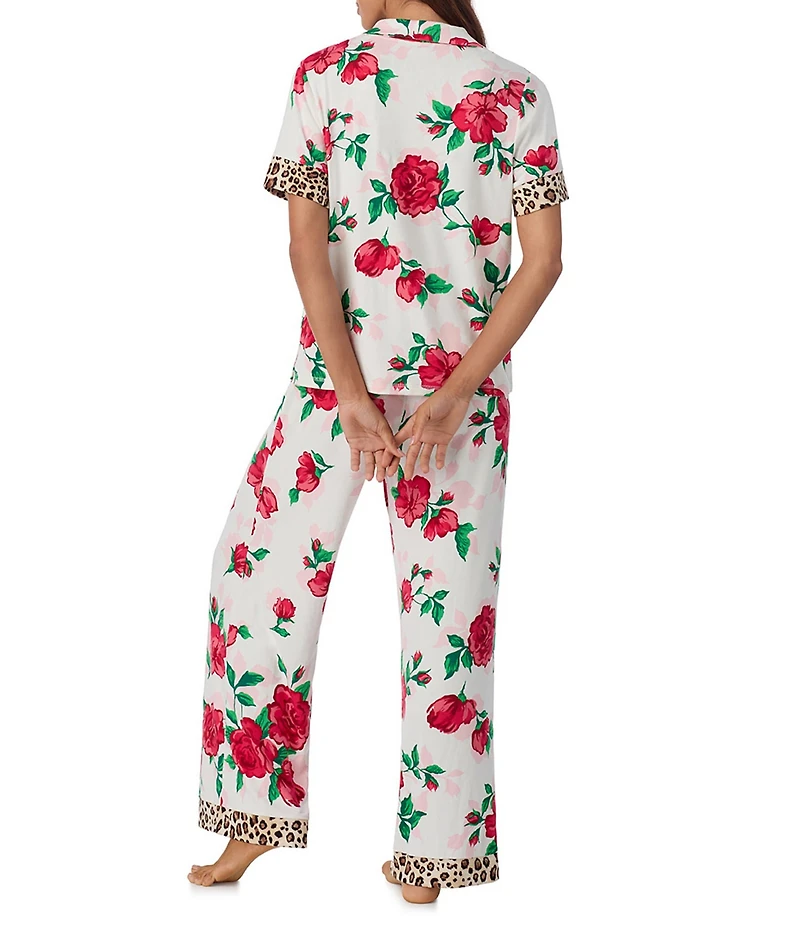 Room Service Floral & Cheetah Print Short Sleeve Notch Collar Marshmallow Knit Pajama Set