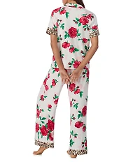 Room Service Floral & Cheetah Print Short Sleeve Notch Collar Marshmallow Knit Pajama Set