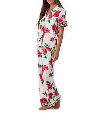 Room Service Floral & Cheetah Print Short Sleeve Notch Collar Marshmallow Knit Pajama Set