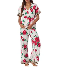 Room Service Floral & Cheetah Print Short Sleeve Notch Collar Marshmallow Knit Pajama Set