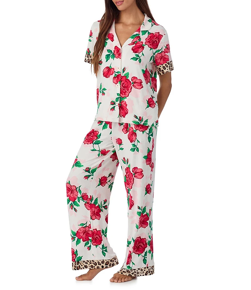 Room Service Floral & Cheetah Print Short Sleeve Notch Collar Marshmallow Knit Pajama Set