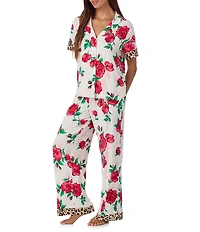 Room Service Floral & Cheetah Print Short Sleeve Notch Collar Marshmallow Knit Pajama Set