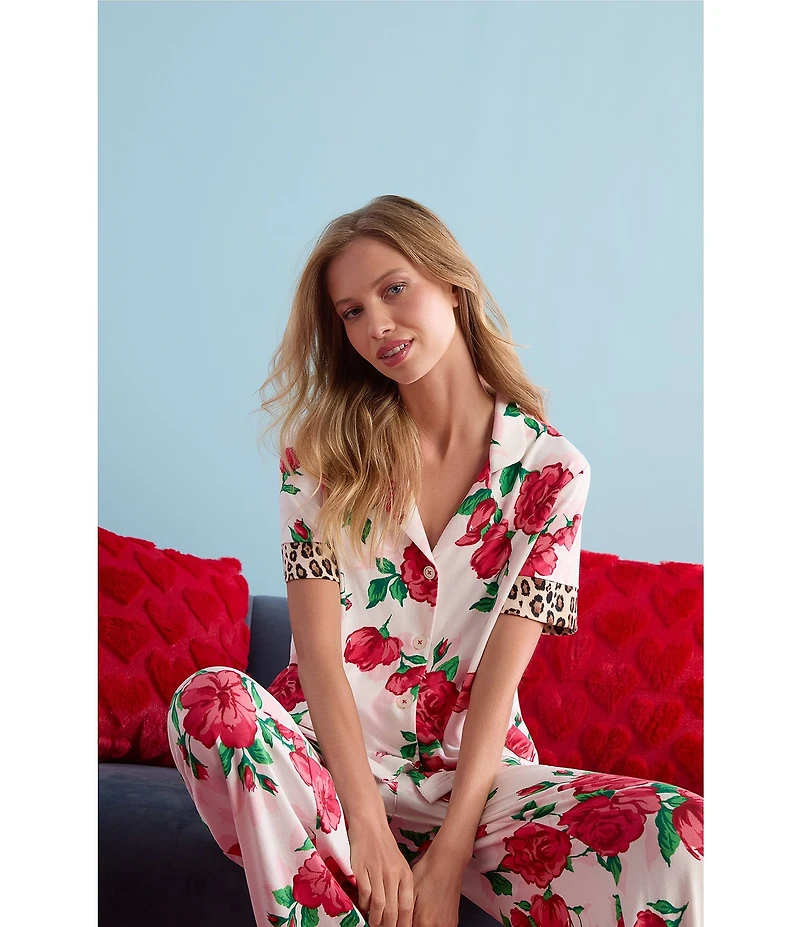 Room Service Floral & Cheetah Print Short Sleeve Notch Collar Marshmallow Knit Pajama Set