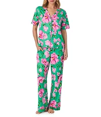 Room Service Floral Print Short Sleeve Notch Collar Cozy Jersey Knit Long Pajama Set