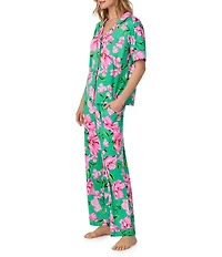 Room Service Floral Print Short Sleeve Notch Collar Cozy Jersey Knit Long Pajama Set