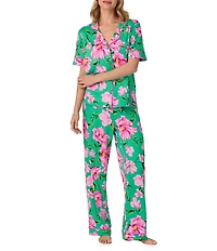 Room Service Floral Print Short Sleeve Notch Collar Cozy Jersey Knit Long Pajama Set