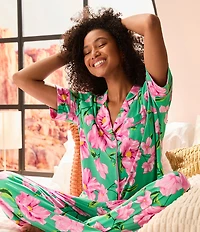 Room Service Floral Print Short Sleeve Notch Collar Cozy Jersey Knit Long Pajama Set