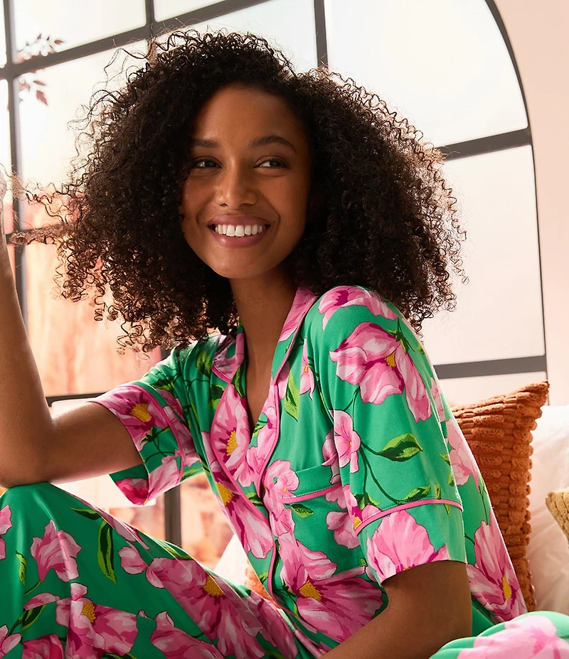 Room Service Floral Print Short Sleeve Notch Collar Cozy Jersey Knit Long Pajama Set