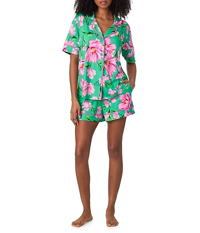 Room Service Floral Print Short Sleeve Notch Collar Cozy Jersey Knit Shorty Pajama Set