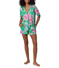 Room Service Floral Print Short Sleeve Notch Collar Cozy Jersey Knit Shorty Pajama Set