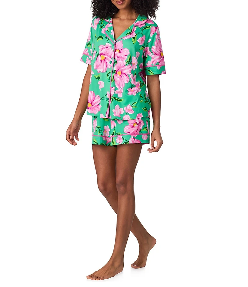 Room Service Floral Print Short Sleeve Notch Collar Cozy Jersey Knit Shorty Pajama Set