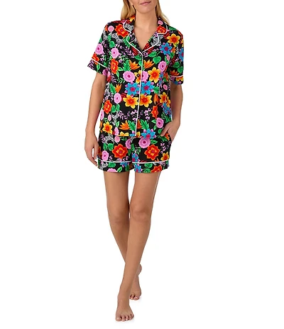 Room Service Floral Print Short Sleeve Notch Collar Cozy Jersey Knit Shorty Pajama Set