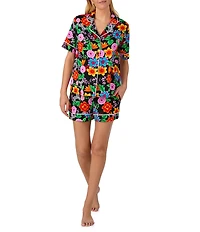 Room Service Floral Print Short Sleeve Notch Collar Cozy Jersey Knit Shorty Pajama Set