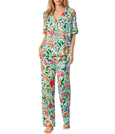 Room Service Floral Print Short Sleeve Notch Collar Jersey Knit Pajama Set