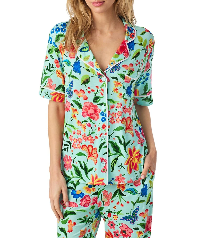 Room Service Floral Print Short Sleeve Notch Collar Jersey Knit Pajama Set