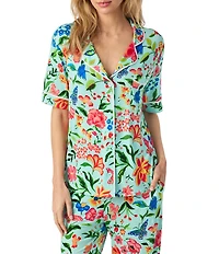 Room Service Floral Print Short Sleeve Notch Collar Jersey Knit Pajama Set
