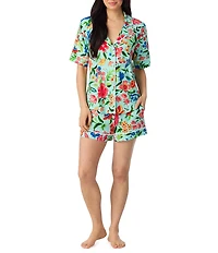 Room Service Floral Print Short Sleeve Notch Collar Jersey Knit Shorty Pajama Set