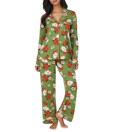Room Service Green Floral Print Long Sleeve Notch Collar Jersey Knit Long Pajama Set