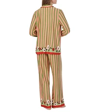 Room Service Green Stripe Floral Print Long Sleeve Notch Collar Jersey Knit Long Pajama Set