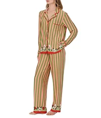 Room Service Green Stripe Floral Print Long Sleeve Notch Collar Jersey Knit Long Pajama Set