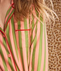Room Service Green Stripe Floral Print Long Sleeve Notch Collar Jersey Knit Long Pajama Set
