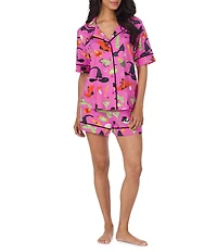 Room Service Halloween Print Short Sleeve Notch Collar Jersey Knit Shorty Pajama Set