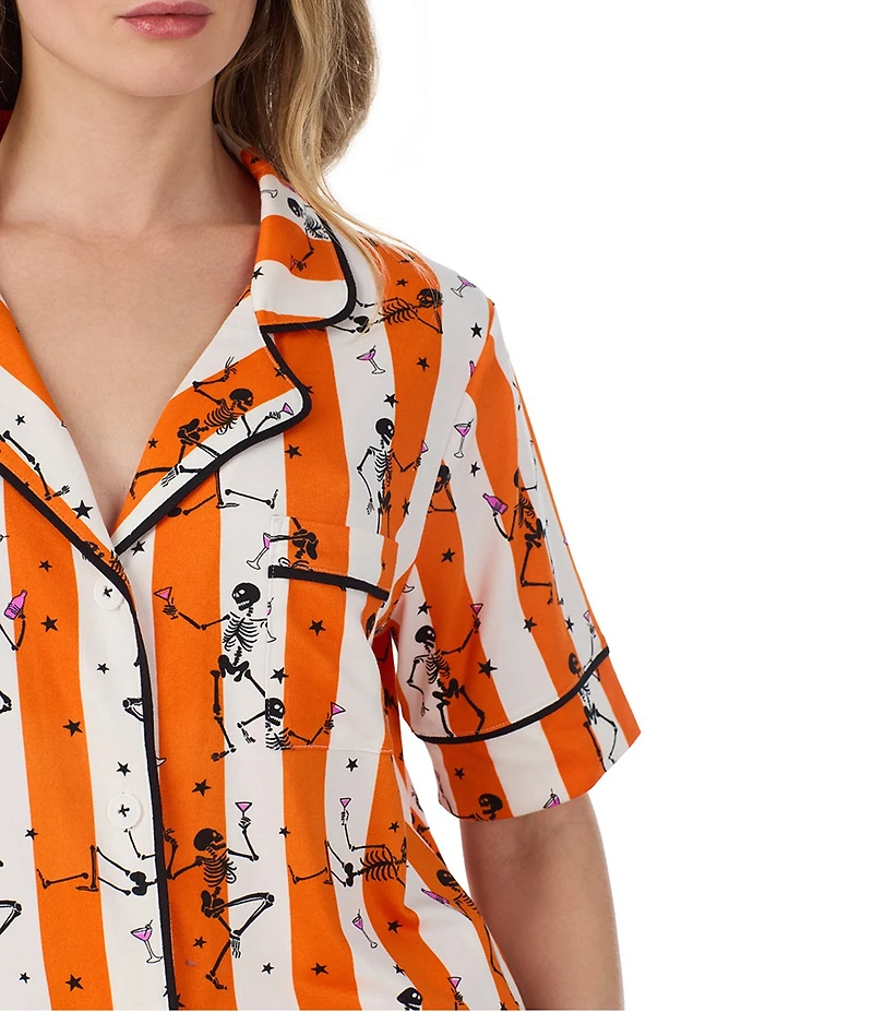 Room Service Haunted Happy Hour Print Short Sleeve Notch Collar Jersey Knit Pajama Set