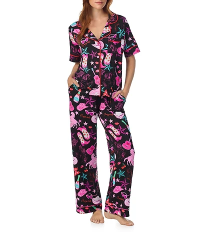 Room Service Honky Tonk Angel Print Short Sleeve Notch Collar Top & Long Pant Knit Pajama Set