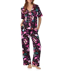 Room Service Honky Tonk Angel Print Short Sleeve Notch Collar Top & Long Pant Knit Pajama Set
