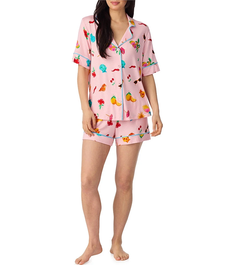 Room Service Island Party Print Short Sleeve Notch Collar Jersey Knit Shorty Pajama Set