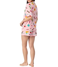 Room Service Island Party Print Short Sleeve Notch Collar Jersey Knit Shorty Pajama Set