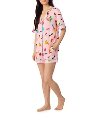 Room Service Island Party Print Short Sleeve Notch Collar Jersey Knit Shorty Pajama Set